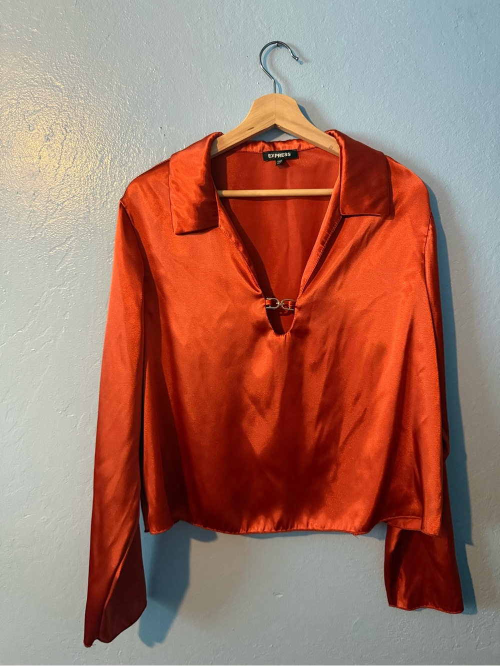 Express Satin Long-Sleeve Button-Down Top in Rust